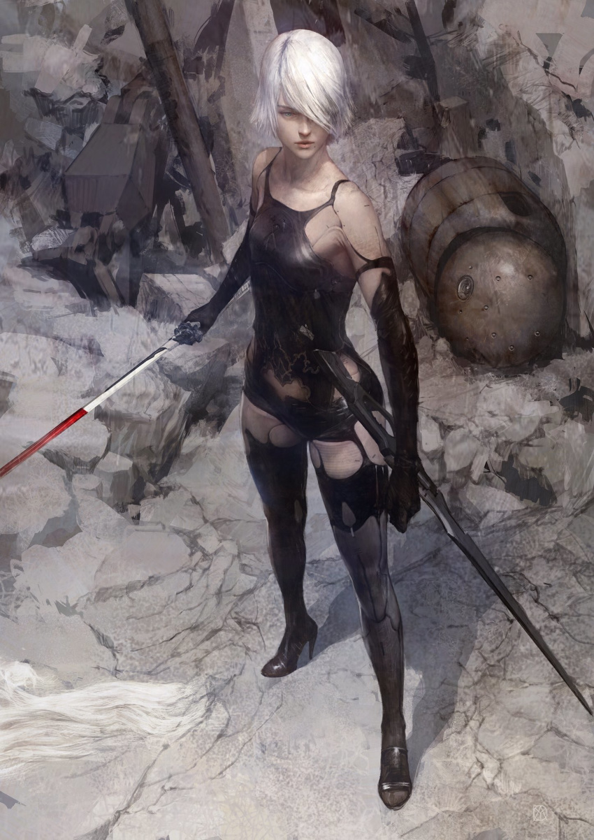 1girl, alternate_hair_length, alternate_hairstyle, android, bare_shoulders, black_gloves, black_legwear, blue_eyes