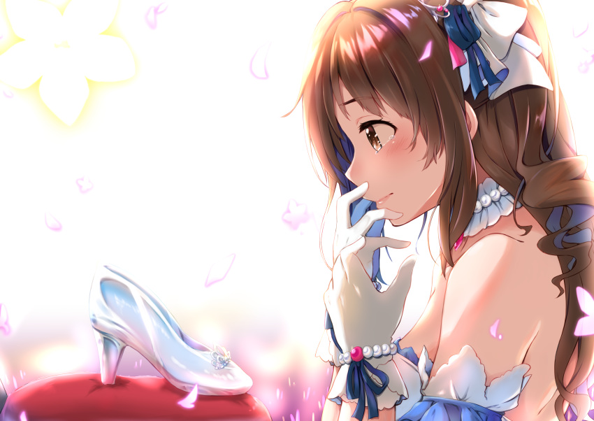 1girl, absurdres, bare_shoulders, blush, bow, brown_eyes, brown_hair, cherry_blossoms