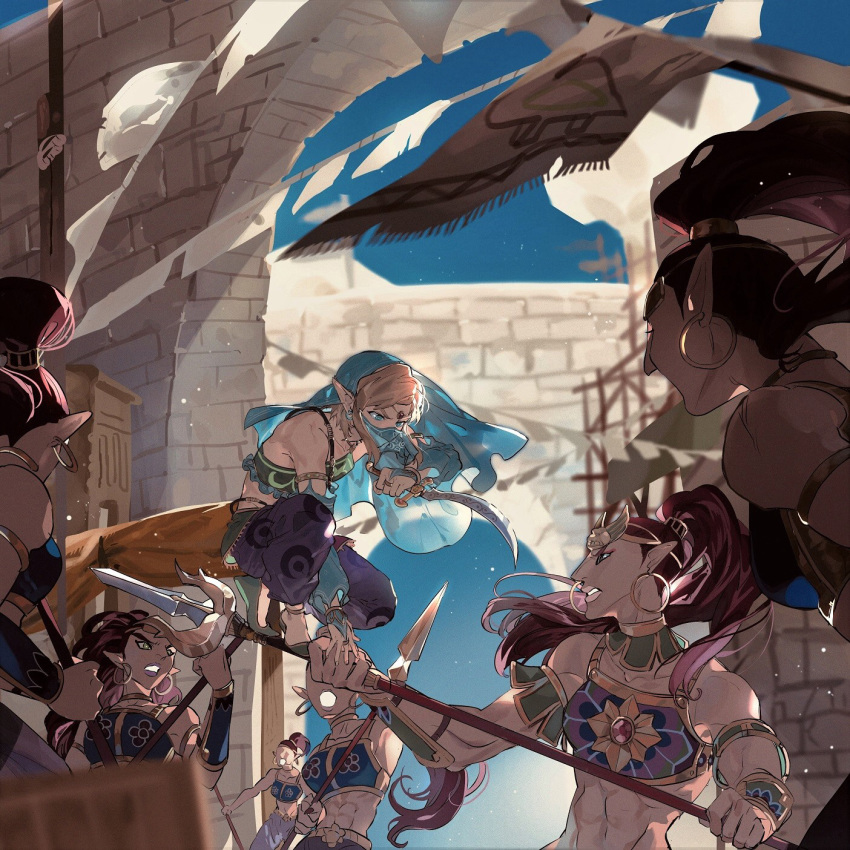 1boy, 6+girls, abs, bridal_gauntlets, dagger, detached_sleeves, earrings, fighting