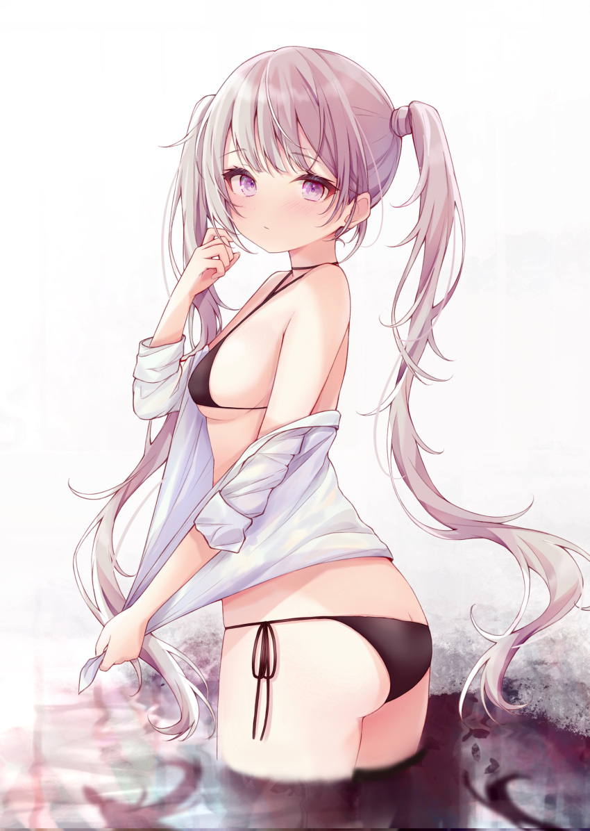 1girl, absurdres, ass, bangs, bare_shoulders, bikini, black_bikini, blush