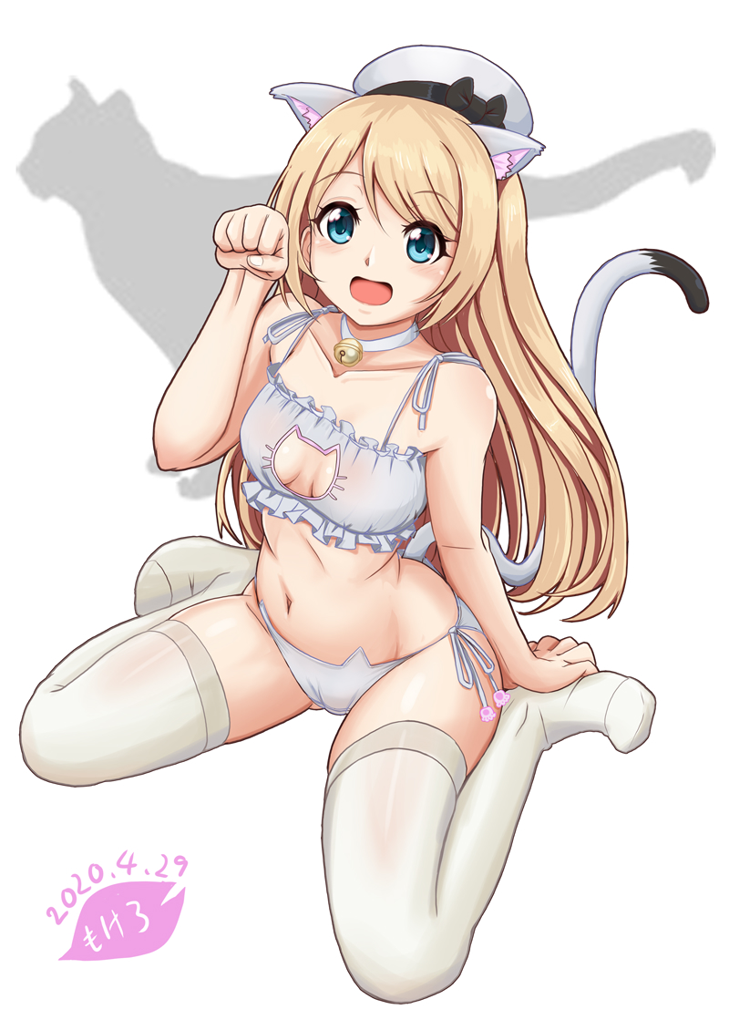 1girl, animal_band_legwear, animal_band_panties, animal_cutout, animal_ears, artist_logo, bell, bell_choker