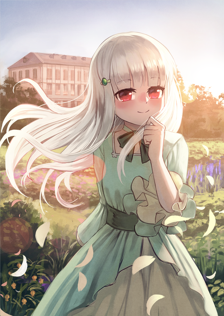 1girl, bangs, blue_sky, blush, building, closed_mouth, commentary_request, day
