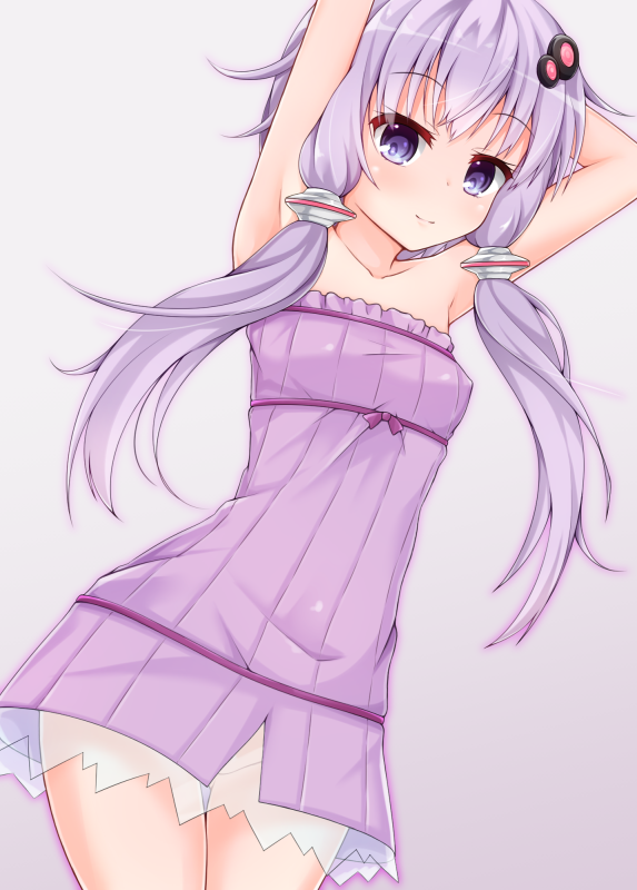 1girl, aatsu, arm_behind_head, armpits, arms_up, bangs, bare_arms, bare_shoulders, blush, breasts, closed_mouth, collarbone, commentary_request, dress, dutch_angle, eyebrows_visible_through_hair, grey_background, hair_ornament, long_hair, looking_at_viewer, purple_dress, purple_hair, see-through, simple_background, small_breasts, smile, solo, strapless, strapless_dress, violet_eyes, voiceroid, yuzuki_yukari