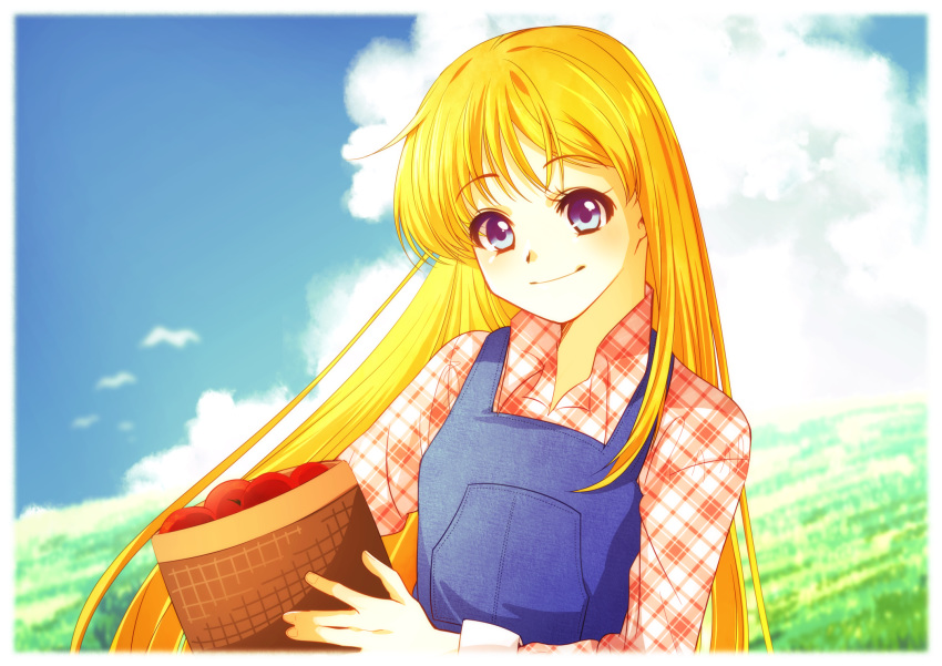 1girl, apple, basket, blonde_hair, blue_eyes, bokujou_monogatari, claire_(bokujou_monogatari), day