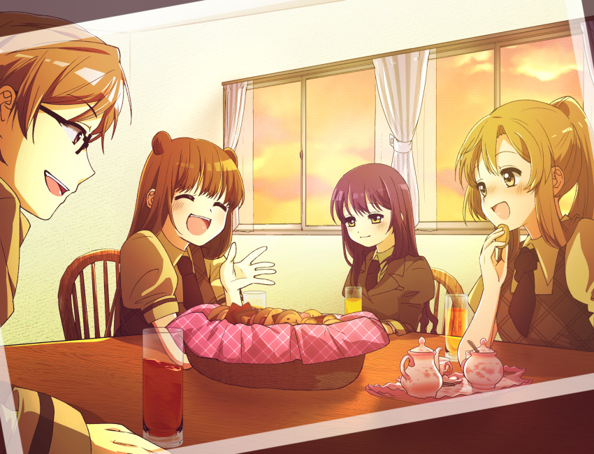 1boy, 3girls, :d, black-framed_eyewear, black_neckwear, blush, brown_hair, brown_jacket