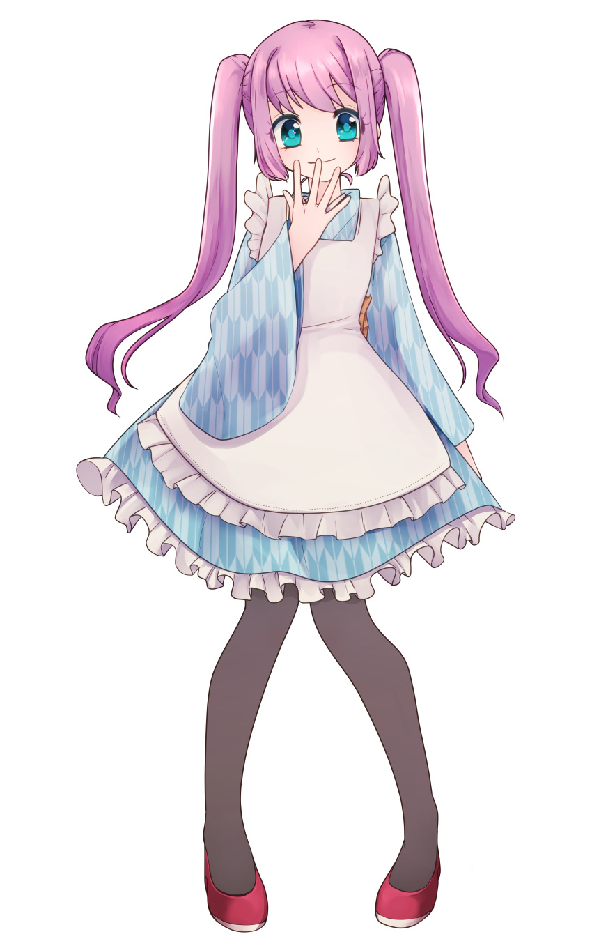 1girl, absurdres, apron, blue_eyes, blue_skirt, brown_legwear, dress, full_body, guildstars, hand_up, harukaze_makoto, highres, looking_at_viewer, pantyhose, pink_hair, red_footwear, skirt, solo, standing, tachi-e, twintails