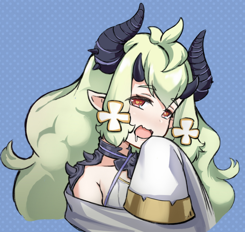 1girl, alencia_(epic7), black_horns, blue_background, epic7, fang, green_hair, hair_ornament