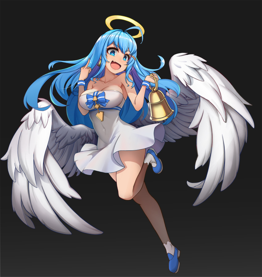 1girl, :d, ahoge, alternate_breast_size, angel_wings, bare_shoulders, bell_earrings, bellringer_angel