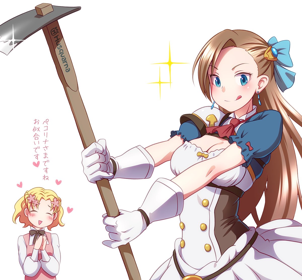 2girls, :d, :q, ^_^, ascot, barrette, blonde_hair, blue_eyes