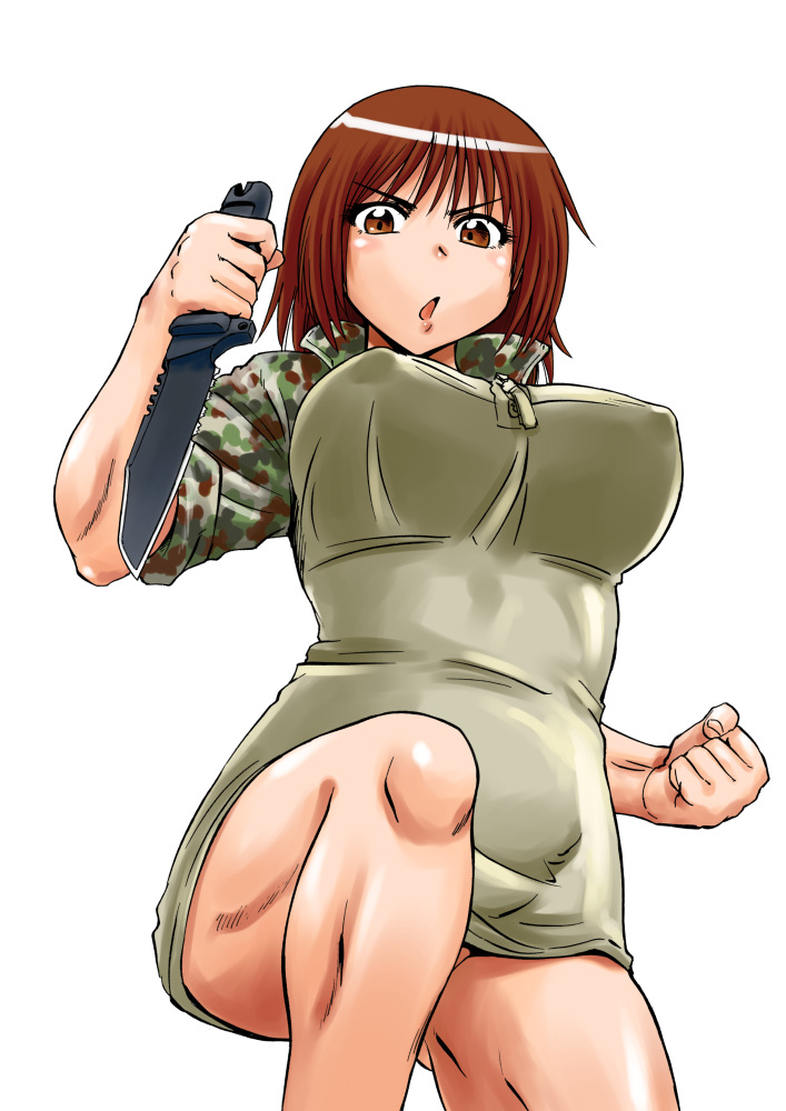 1girl, breasts, brown_eyes, brown_hair, camouflage_shirt, clenched_hand, combat_knife, commentary_request