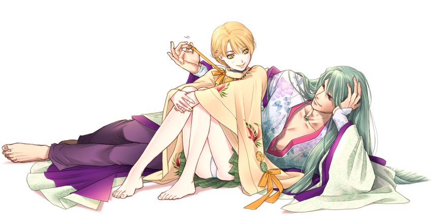 1boy, 1girl, barefoot, blonde_hair, feet, green_eyes, green_hair, harukanaru_toki_no_naka_de, harukanaru_toki_no_naka_de_2, heian, hetero, hisui_(harukanaru_2), japanese_clothes, kariginu, kiske, knees_up, legs, long_hair, looking_at_another, lying, on_side, open_clothes, panties, pantyshot, short_hair, sitting, skirt, smile, takakura_karin, toenails, underwear