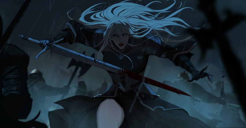 1girl, angelise_reiter, armor, armored_dress, banished_shadow, battle, battlefield, blood, bloody_weapon, borrowed_character, breasts, commentary, commission, commissioner_upload, english_commentary, facing_viewer, faulds, fictional_persona, fighting_stance, final_fantasy, final_fantasy_xiv, gambeson, gauntlets, highres, holding, holding_sword, holding_weapon, large_breasts, lips, lipstick, long_skirt, makeup, rain, skirt, solo_focus, surrounded, sword, thighs, weapon, white_hair, wind, wind_lift, zweihander