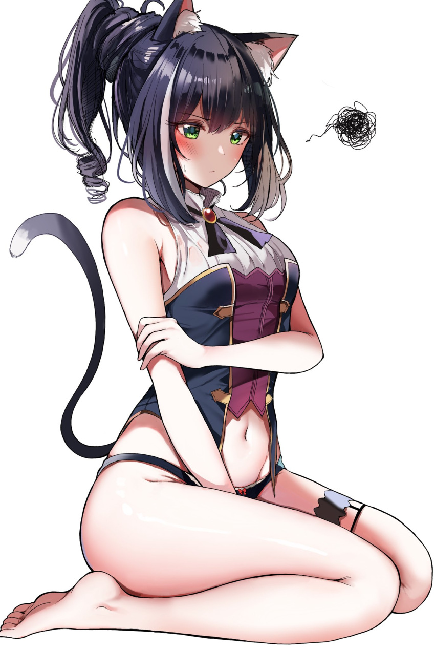 1girl, animal_ears, arm_between_legs, black_hair, black_panties, blush, breasts, cat_ears