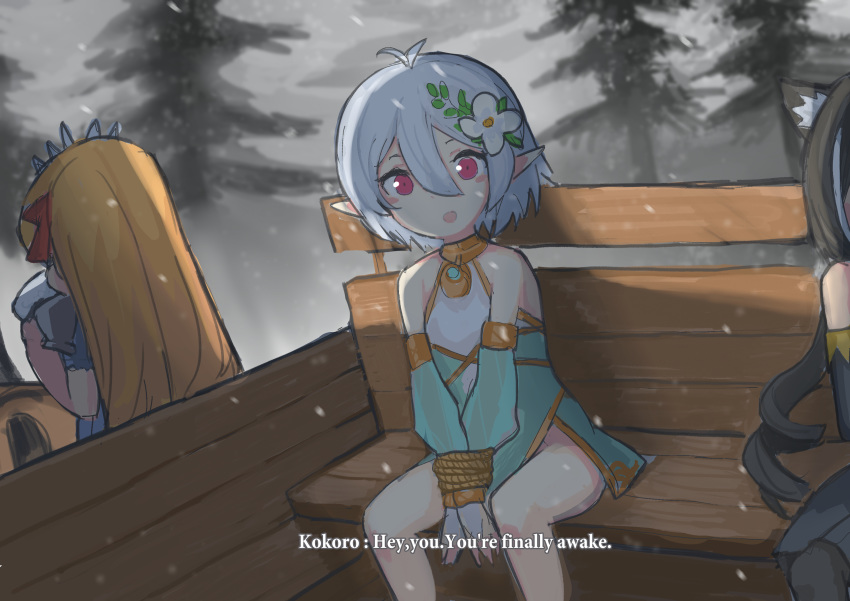 3girls, absurdres, animal_ears, carriage, cat_ears, cat_girl, elf, english_text