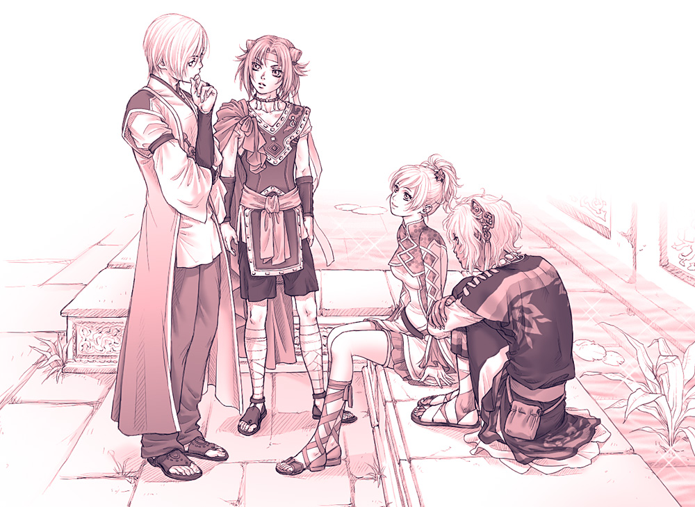 1girl, 3boys, ashihara_chihiro, dark_skin, dark_skinned_male, full_body, futsuhiko, hair_ornament