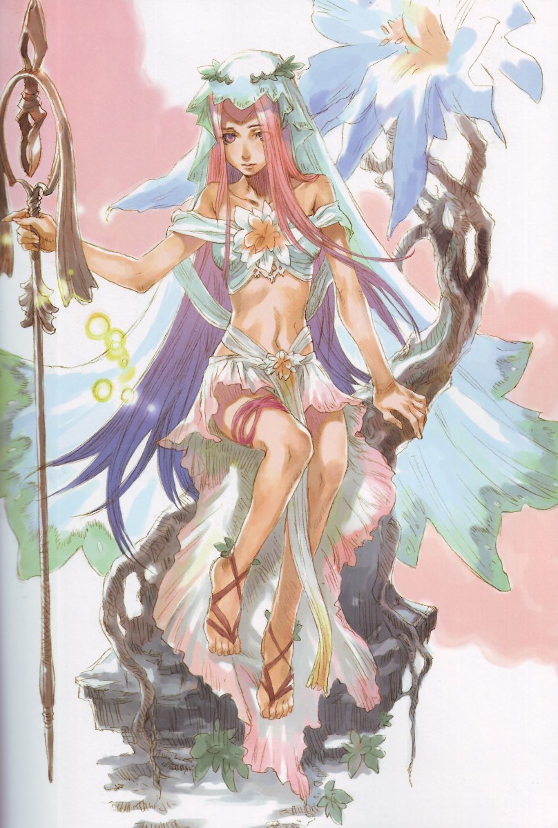 fantasy, flower, gradient_hair, highres, iwasaki_minako, long_hair, midriff, minako_iwasaki