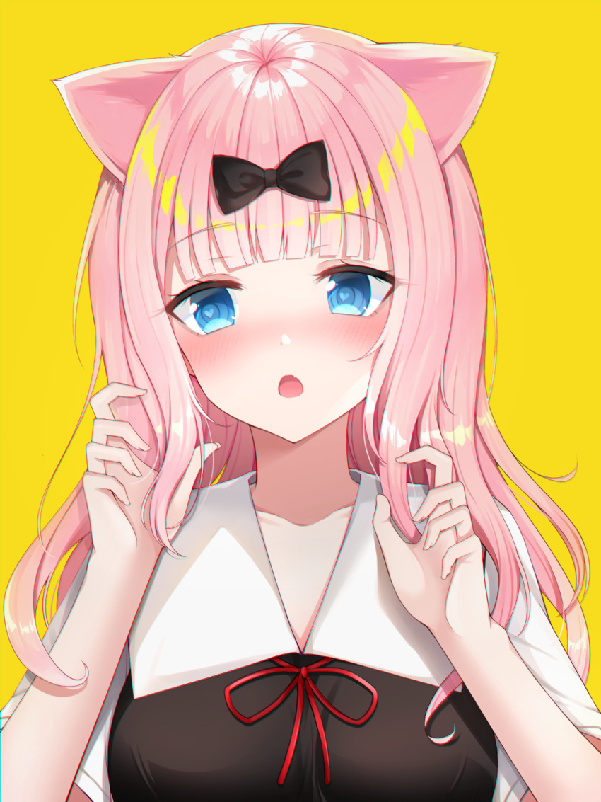1girl, 49_(yonkyuu), :o, animal_ears, bangs, black_bow, black_dress, blue_eyes