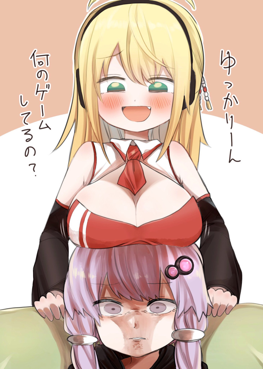 2girls, aqua_eyes, bangs, blonde_hair, blush, breast_envy, breast_rest, breasts