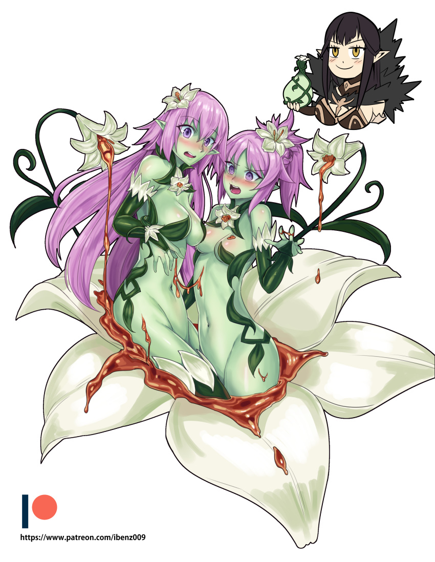 3girls, absurdly_long_hair, absurdres, alraune, black_dress, black_hair, braid, bridal_gauntlets, dress, fate/apocrypha, fate_(series), french_braid, fur_trim, green_skin, highres, ibenz009, jeanne_d'arc_(fate), jeanne_d'arc_(fate)_(all), liliraune_(monster_girl_encyclopedia), long_hair, monster_girl, monster_girl_encyclopedia, monsterification, mordred_(fate), mordred_(fate)_(all), multiple_girls, nectar, patreon_logo, patreon_username, plant_girl, pointy_ears, ponytail, purple_hair, semiramis_(fate), spikes, very_long_hair, violet_eyes, watermark, web_address, yellow_eyes