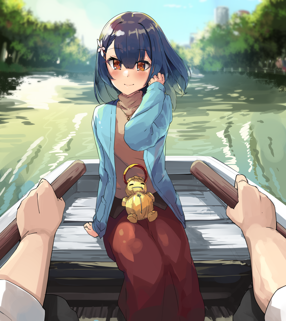 1girl, adjusting_hair, arm_support, bag, bangs, bench, blue_cardigan, blue_hair