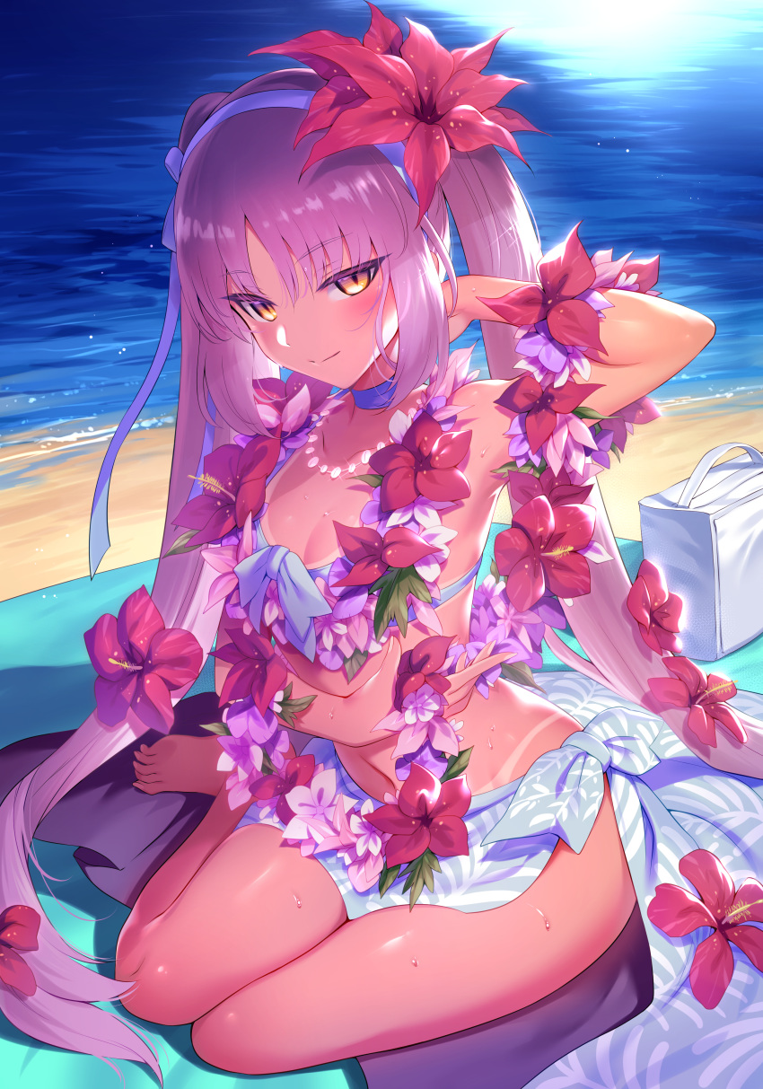 1girl, absurdres, bangs, bare_legs, bare_shoulders, barefoot, beach, bikini