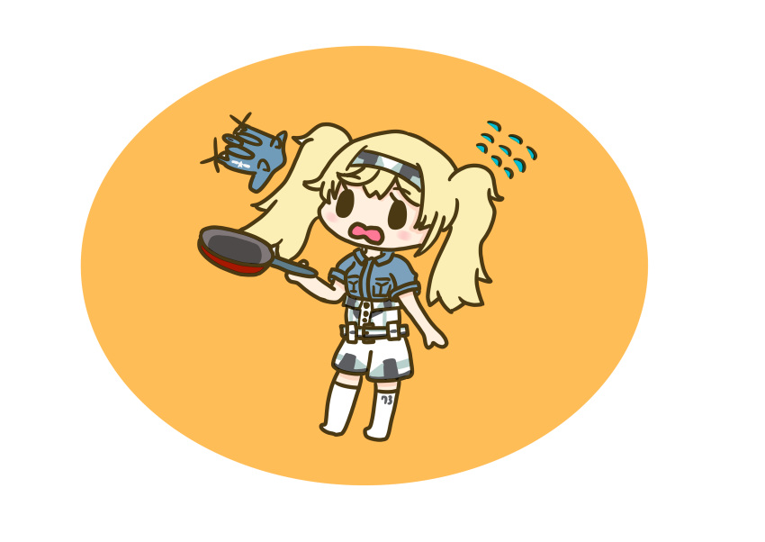 1girl, absurdres, artist_request, belt, blonde_hair, blue_shirt, blush_stickers, breast_pocket