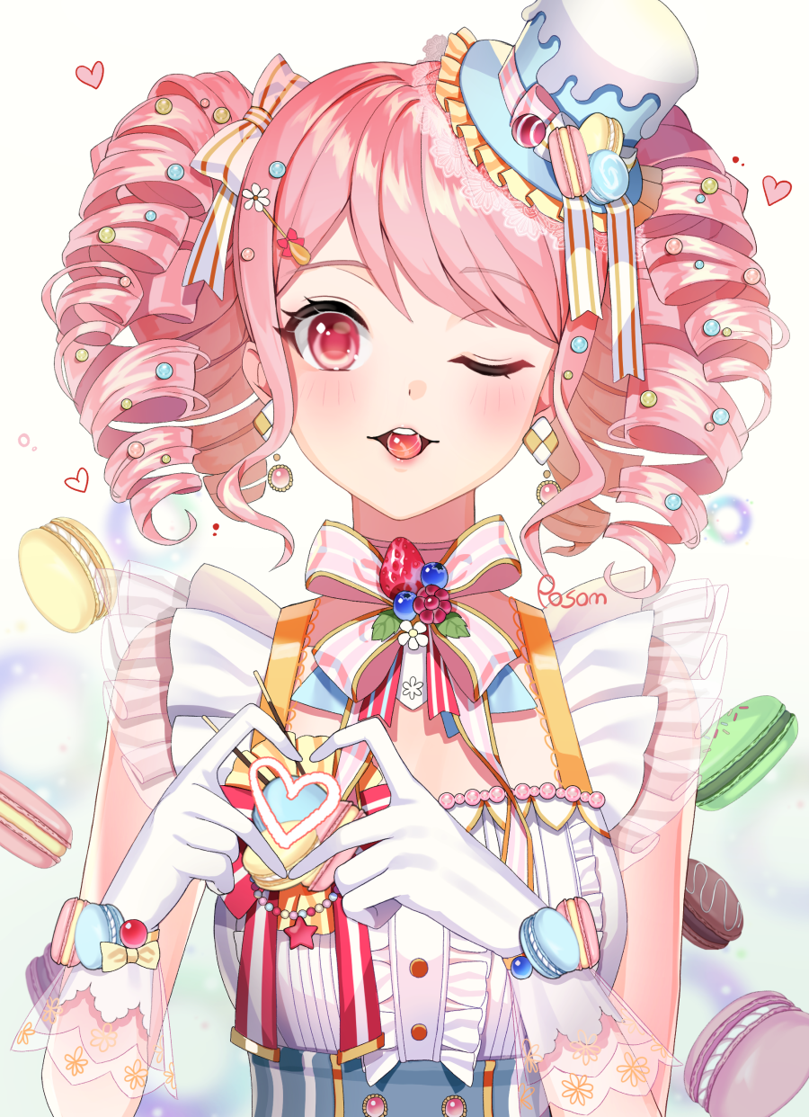 1girl, bang_dream!, bangs, beads, blue_headwear, blush, bow, bracelet