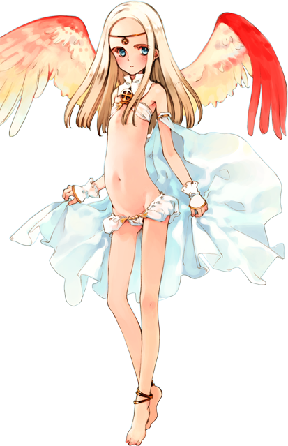 angel_wings, anklet, bad_feet, barefoot, bikini, blonde_hair, blue_eyes, blush, cape, circlet, detached_sleeves, feet, flat_chest, jewelry, legs, littlewitch_romanesque, long_hair, long_legs, lowleg, lowleg_bikini, lowleg_panties, midriff, mound_of_venus, navel, official_art, ooyari_ashito, open_mouth, oyari_ashito, panties, sepha, sepha_(littlewitch), shoujo_mahou_gaku_little_witch_romanesque, skinny, solo, standing, swimsuit, tiptoes, transparent_background, transparent_png, turtleneck, underwear, wings