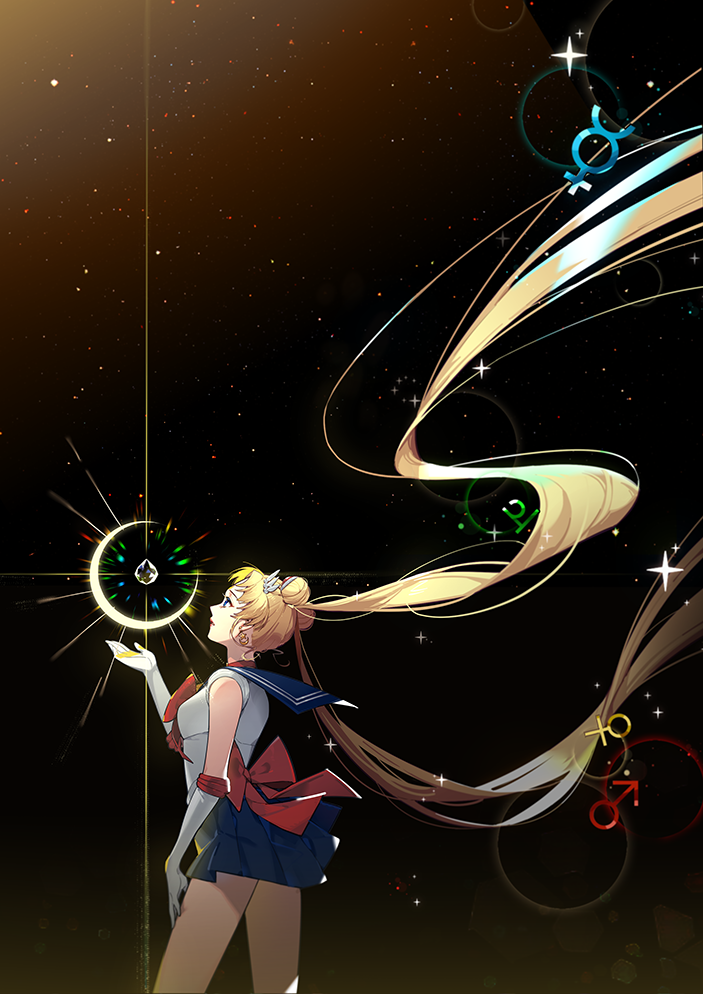 1girl, bishoujo_senshi_sailor_moon, blonde_hair, bow, cowboy_shot, crescent_moon, double_bun, elbow_gloves