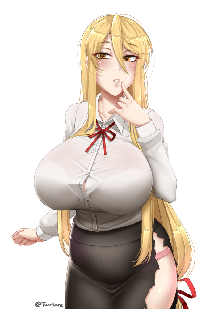 1girl, bangs, black_skirt, blonde_hair, blush, breasts, brown_eyes, buttons