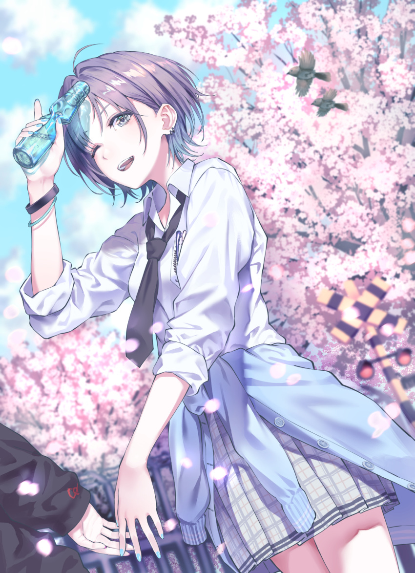 2girls, ;d, antenna_hair, asakura_tooru, bangs, bird, blue_sky, bracelet