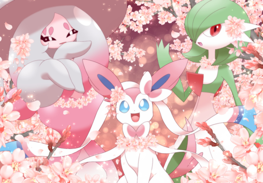 :d, blue_eyes, cherry_blossoms, commentary_request, creature, gardevoir, gen_3_pokemon, gen_6_pokemon