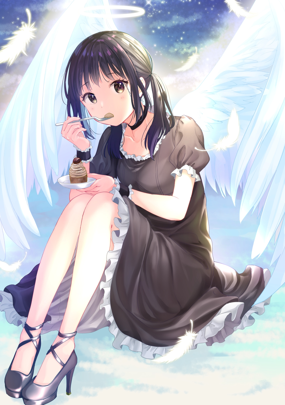 1girl, angel, angel_wings, bangs, black_choker, black_footwear, black_hair, blue_sky, brown_dress, brown_eyes, choker, clouds, collarbone, commentary_request, dress, eating, eyebrows_visible_through_hair, feathered_wings, feathers, floating, food, fork, gradient_sky, halo, head_tilt, high_heels, highres, holding, holding_fork, holding_plate, knees_up, looking_at_viewer, mont_blanc_(food), night, night_sky, original, pechi_(peeechika), petticoat, plate, puffy_short_sleeves, puffy_sleeves, short_hair, short_sleeves, sitting, sky, solo, twintails, wings, wrist_cuffs