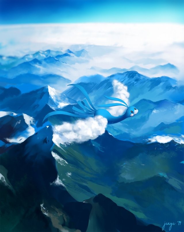 2019, altaria, artricahearts, commentary, creature, day, english_commentary, flying, full_body, gen_3_pokemon, mountain, no_humans, outdoors, pokemon, pokemon_(creature), signature, solo