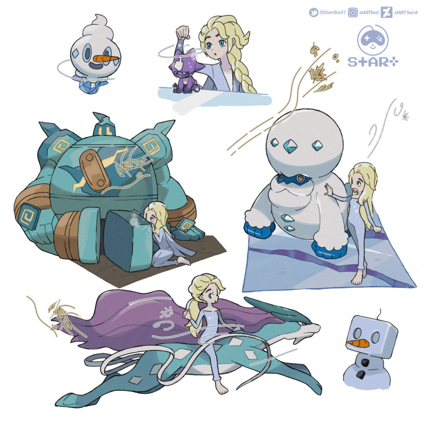 1girl, blonde_hair, blue_eyes, commentary, creature, eiscue, elsa_(frozen), english_commentary