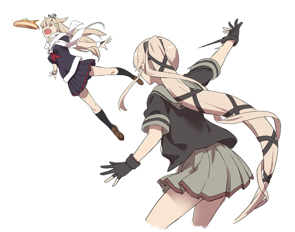 2girls, bangs, black_gloves, black_legwear, black_skirt, blonde_hair, breasts, fingerless_gloves