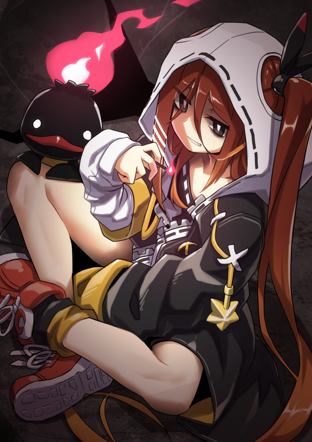 1girl, bangs, black_eyes, black_jacket, black_legwear, boots, brown_hair, character_request