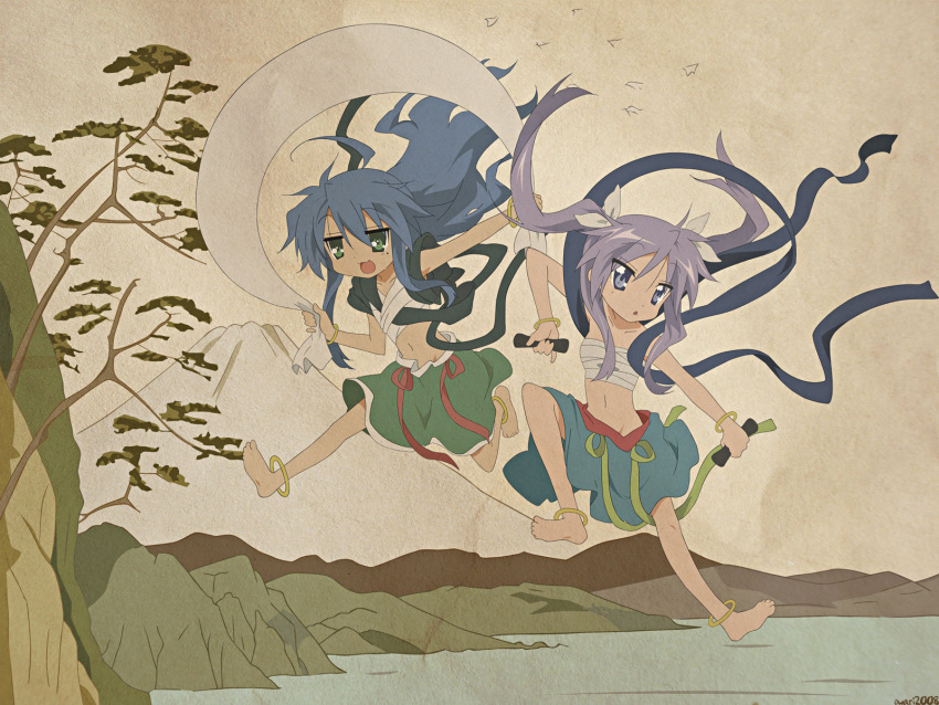 anklet, barefoot, blue_hair, bracelet, feet, fine_art_parody, fuujin, god