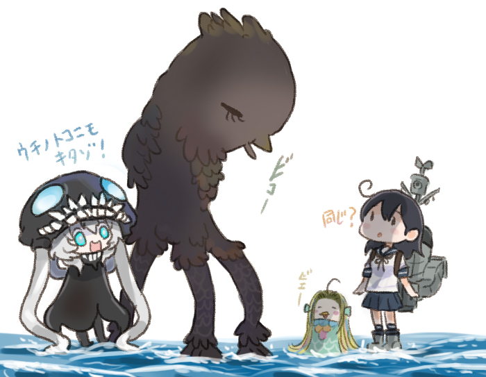 2girls, 2others, ahoge, amabie, bangs, beak, blue_eyes, blue_hair