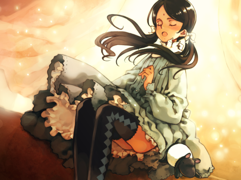 black_legwear, bow, closed_eyes, curtains, dark_skin, dress, facial_mark, flat_chest