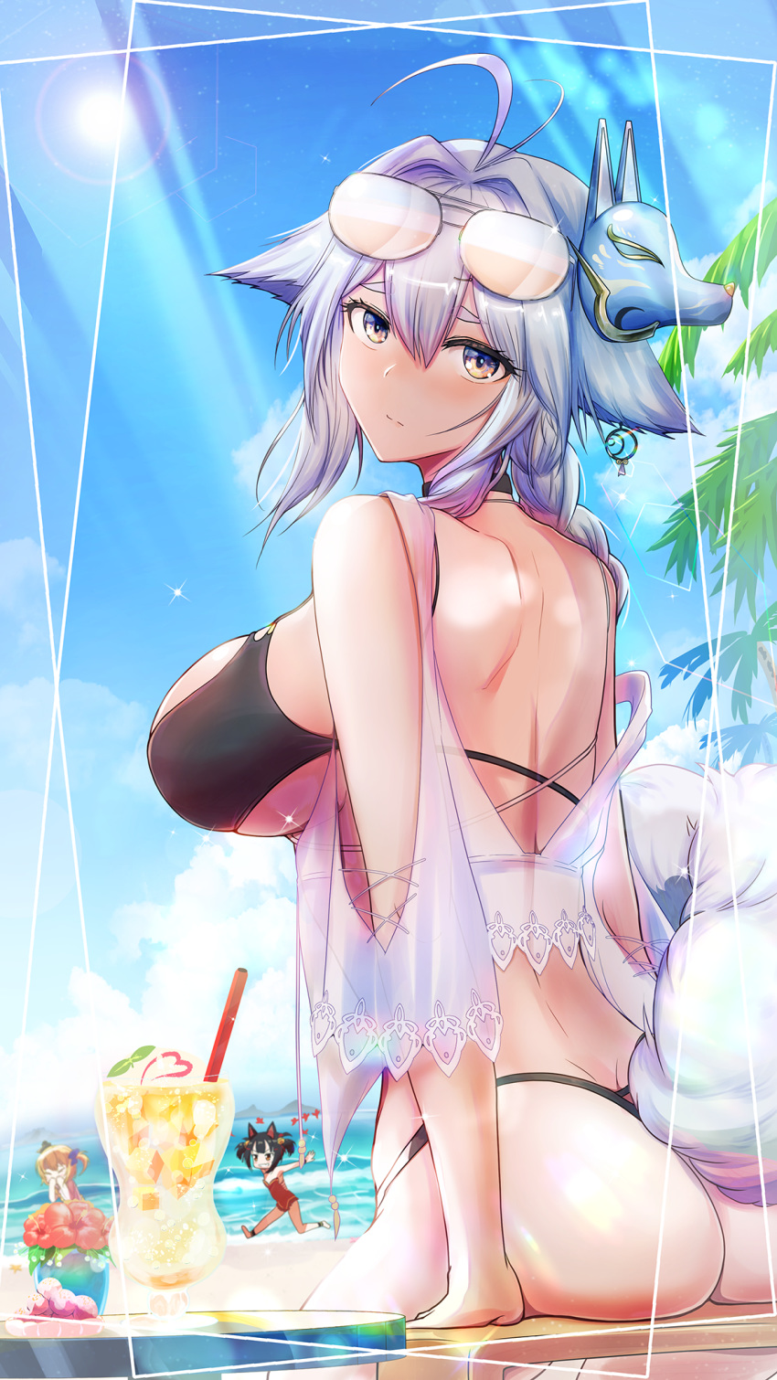 3girls, akagi-chan_(azur_lane), animal_ears, ass, aviator_sunglasses, azur_lane, bare_shoulders, beach