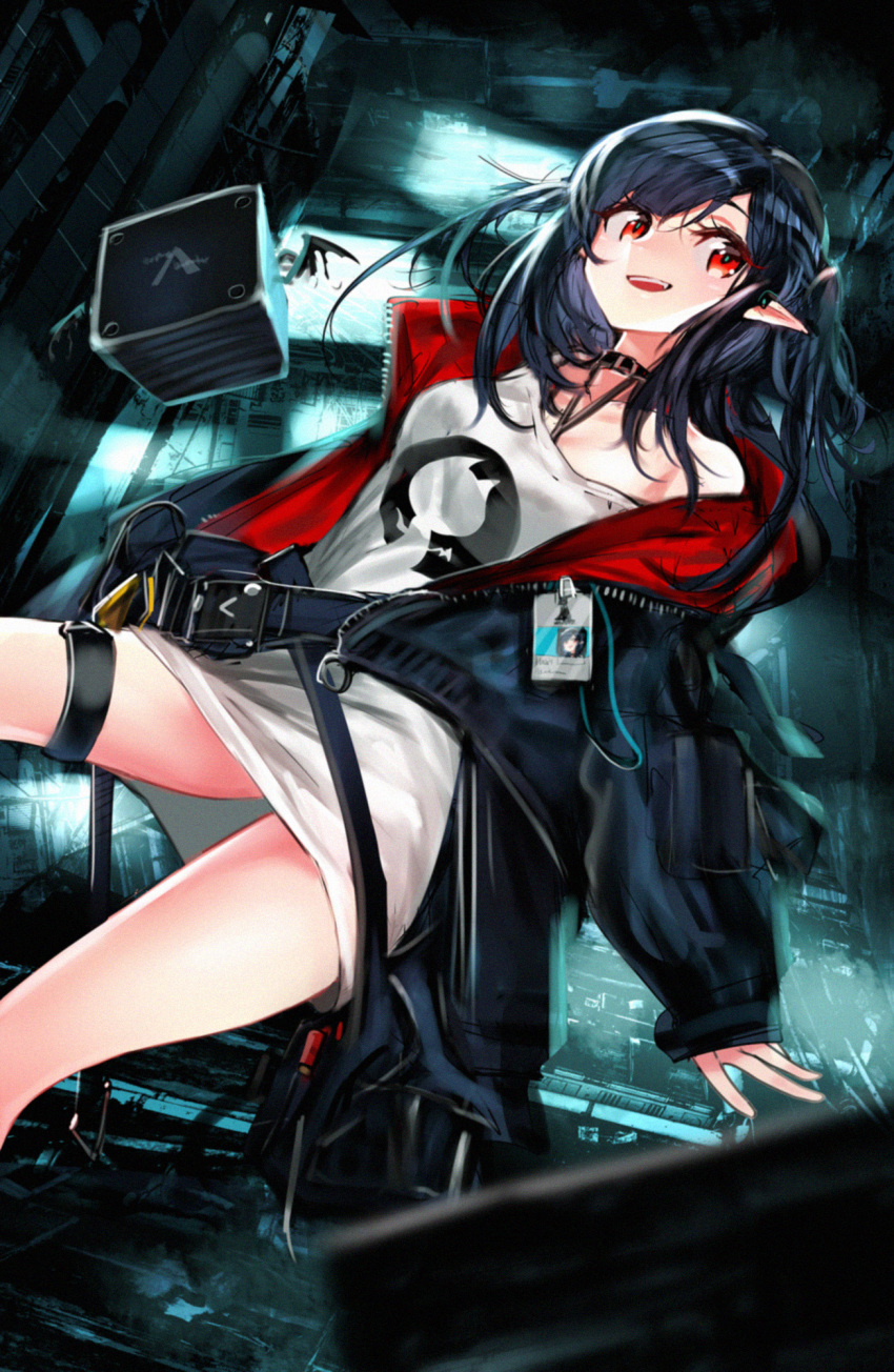 1girl, :d, arknights, bangs, bare_shoulders, black_choker, black_hair, black_jacket