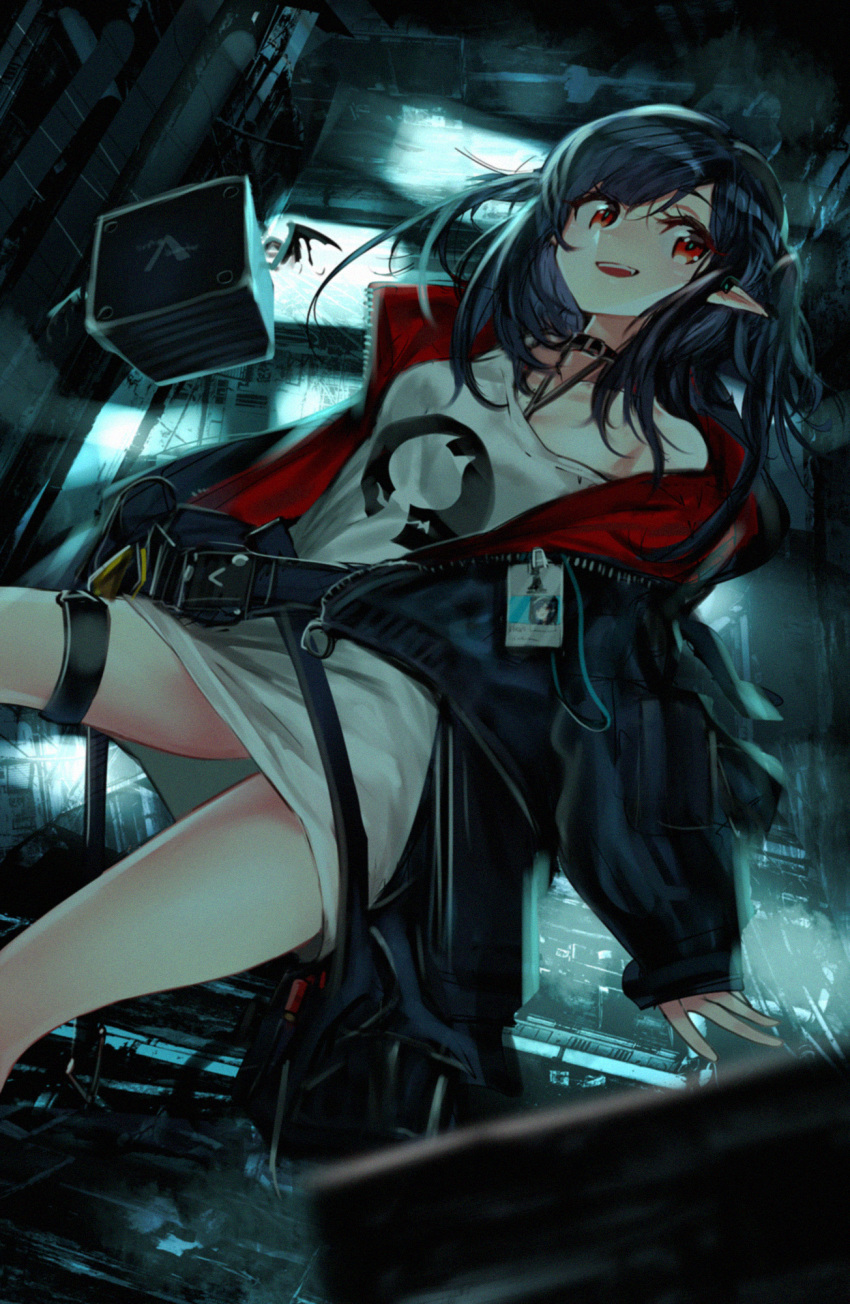 1girl, :d, arknights, bangs, bare_shoulders, black_choker, black_hair, black_jacket