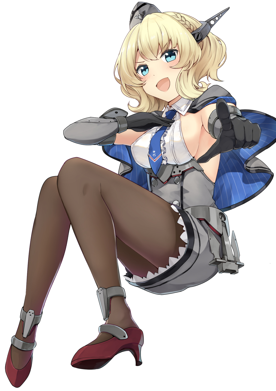 1girl, black_gloves, black_legwear, blonde_hair, blue_eyes, blue_neckwear, blush, breasts