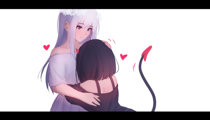 2girls, bare_shoulders, black_hair, black_shirt, blue_eyes, collarbone, commentary, demon_horn