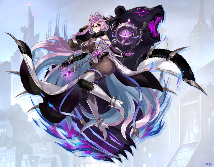 1girl, ahoge, animal, animal_ears, armpits, bare_shoulders, bear, boots, braid, breasts, chain, company_name, detached_sleeves, fur_collar, gauntlets, glasses, gloves, glowing, glowing_weapon, huge_breasts, leotard, long_hair, looking_at_viewer, lost_ragnarok_(phantom_of_the_kill), official_art, phantom_of_the_kill, purple_hair, ribbon, serious, shadow, single_gauntlet, single_glove, skindentation, staff, thigh-highs, thigh_boots, vanargand_(phantom_of_the_kill), very_long_hair, waist_cape, weapon, yellow_eyes