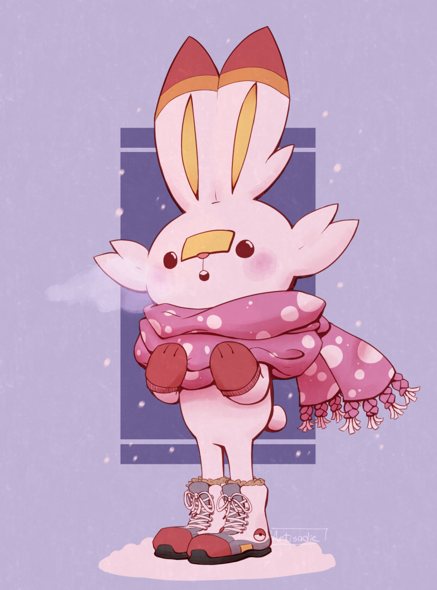 :o, artisadie, black_eyes, bunny_focus, commentary, creature, english_commentary, full_body, gen_8_pokemon, highres, no_humans, pokemon, pokemon_(creature), rabbit, scarf, scorbunny, shoelaces, shoes, sneakers, snow, snowing, solo, standing, winter_clothes