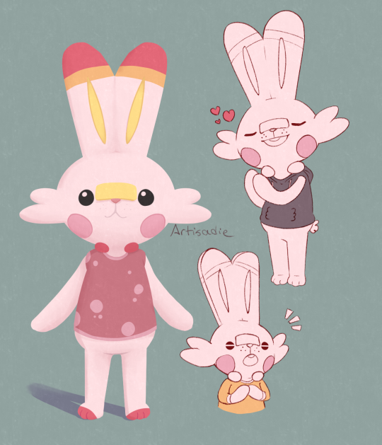 artisadie, closed_eyes, clothed_pokemon, commentary, creature, doubutsu_no_mori, english_commentary, full_body, gen_8_pokemon, grey_background, heart, looking_at_viewer, no_humans, pokemon, pokemon_(creature), scorbunny, shadow, signature, simple_background, standing