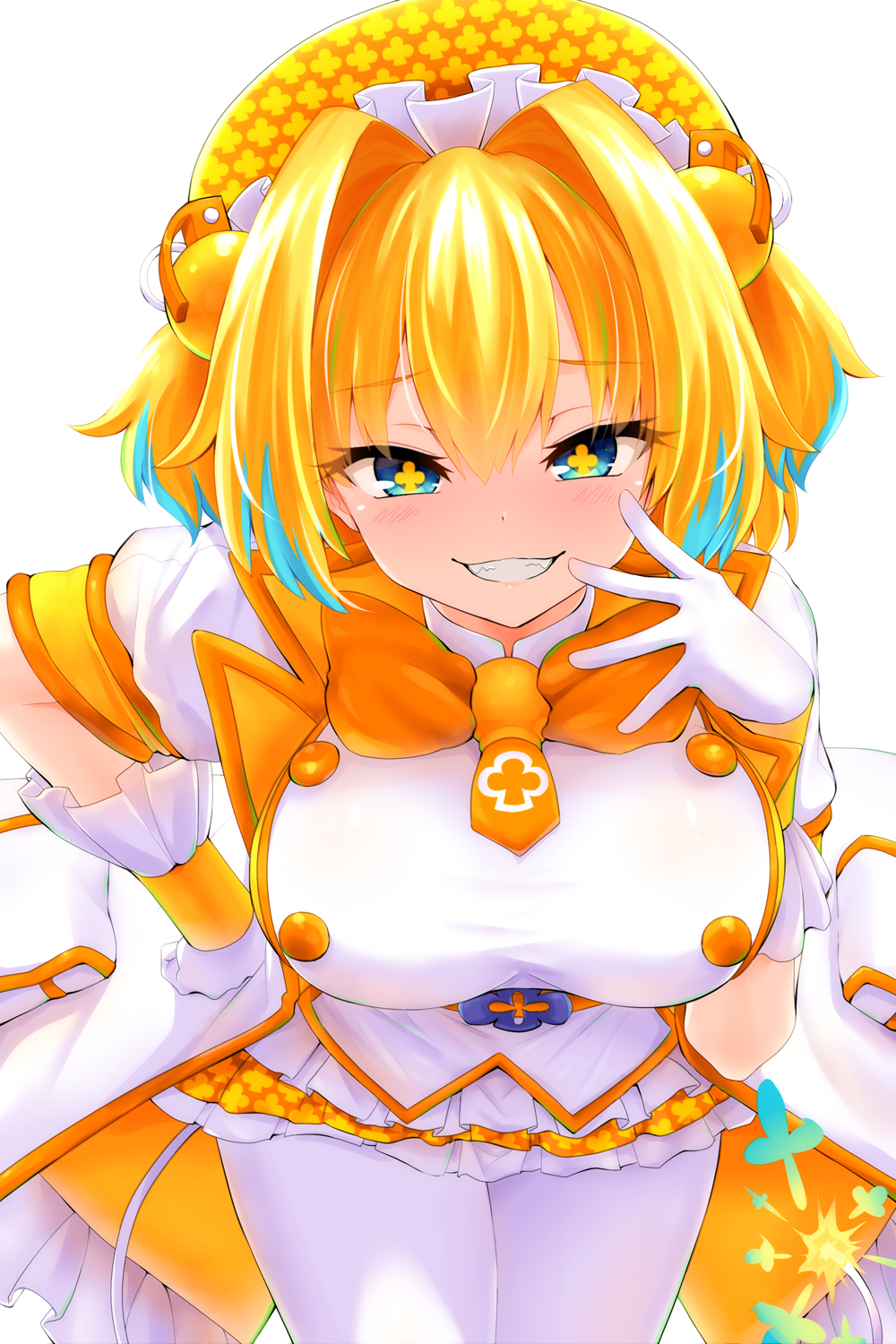 1girl, bangs, beret, blonde_hair, blue_eyes, blue_hair, blush, bombergirl