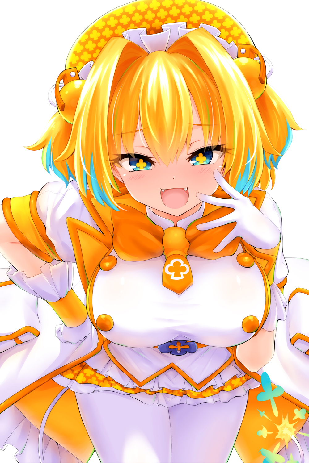 1girl, :d, bangs, beret, blonde_hair, blue_eyes, blue_hair, blush